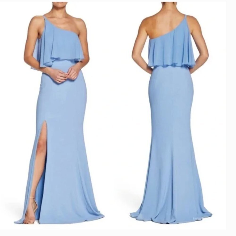 Dress the Population Bridal Crepe One Shoulder Maxi Dress Gown-Light Blue